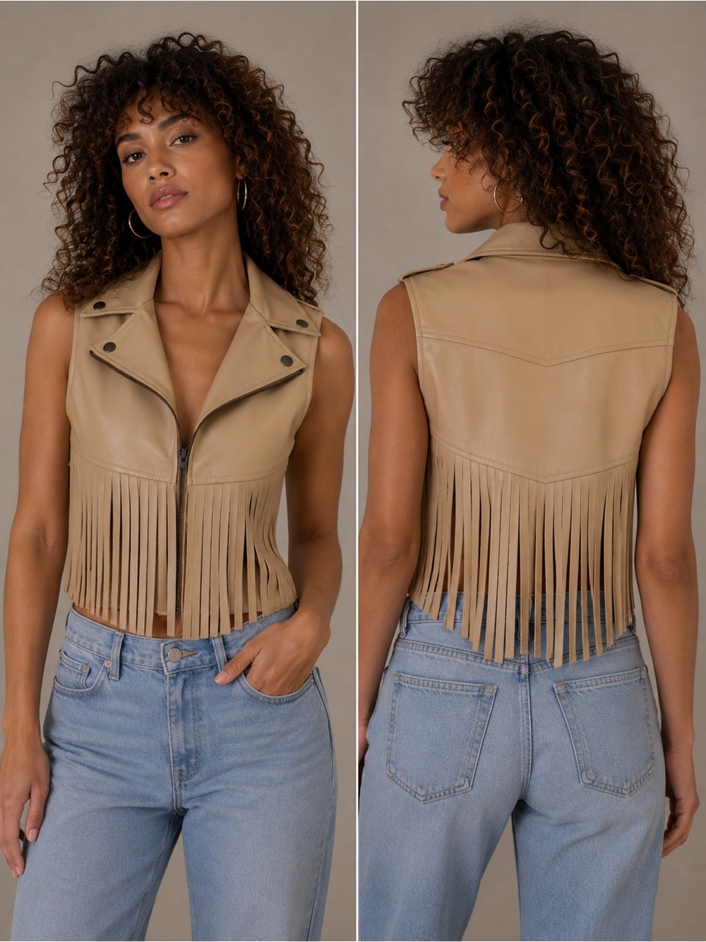 Fringe Moto Vest - Beige Faux Leather - Picture 2 of 13